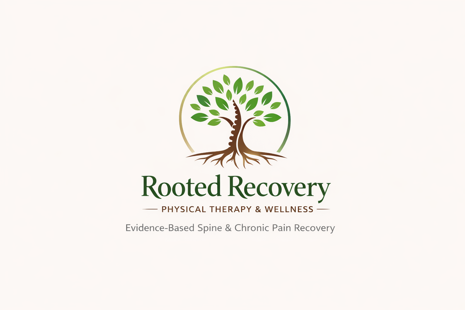 Logo of Rooted Recovery with a stylized tree with green leaves and roots, and text indicating physical therapy and wellness focused on evidence-based spine and chronic pain recovery.