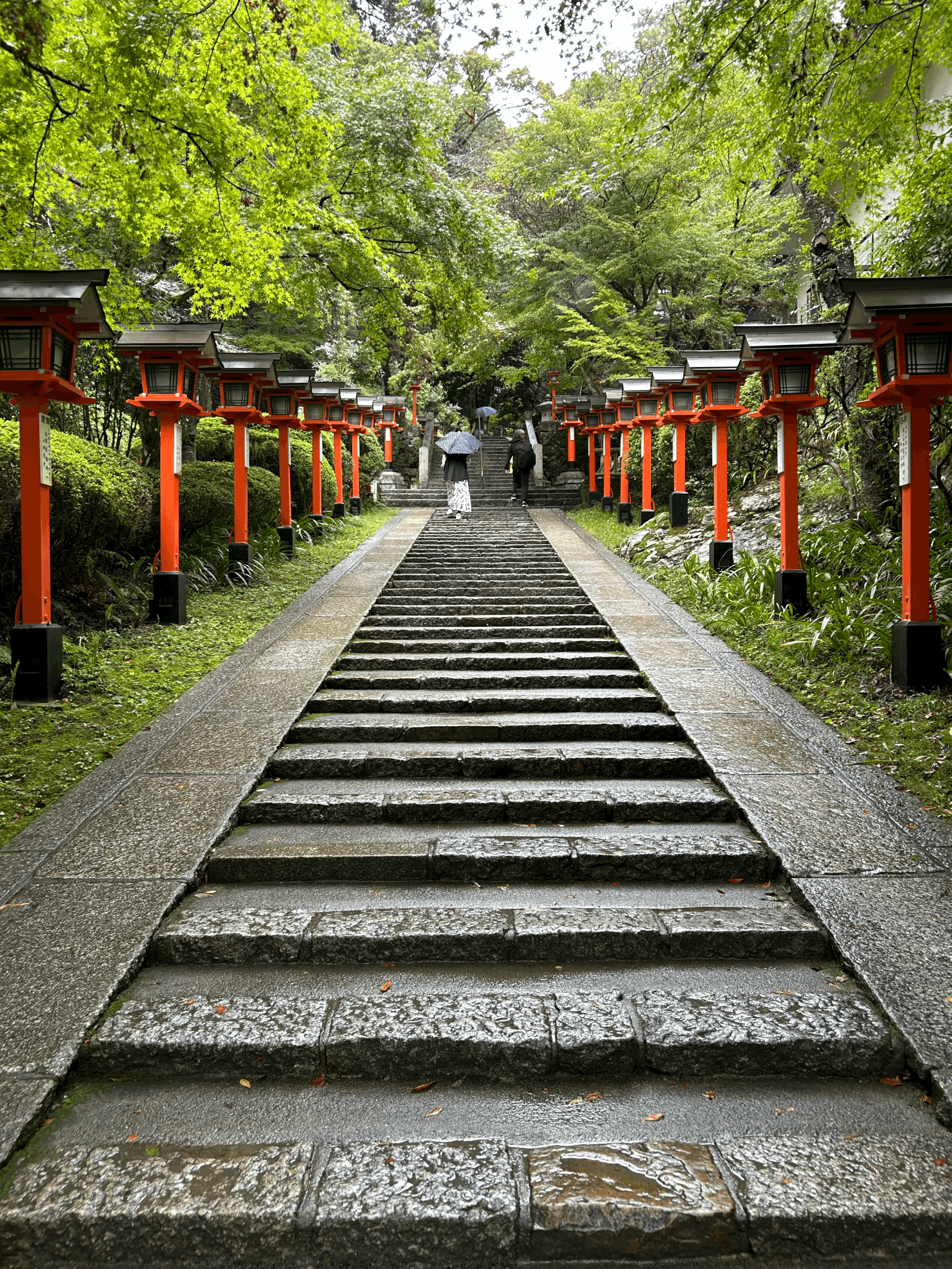Stone steps leading up a path flanked by traditional red and black Japanese lanterns, surrounded by green trees and foliage, with three people walking with umbrellas at the top of the stairs.