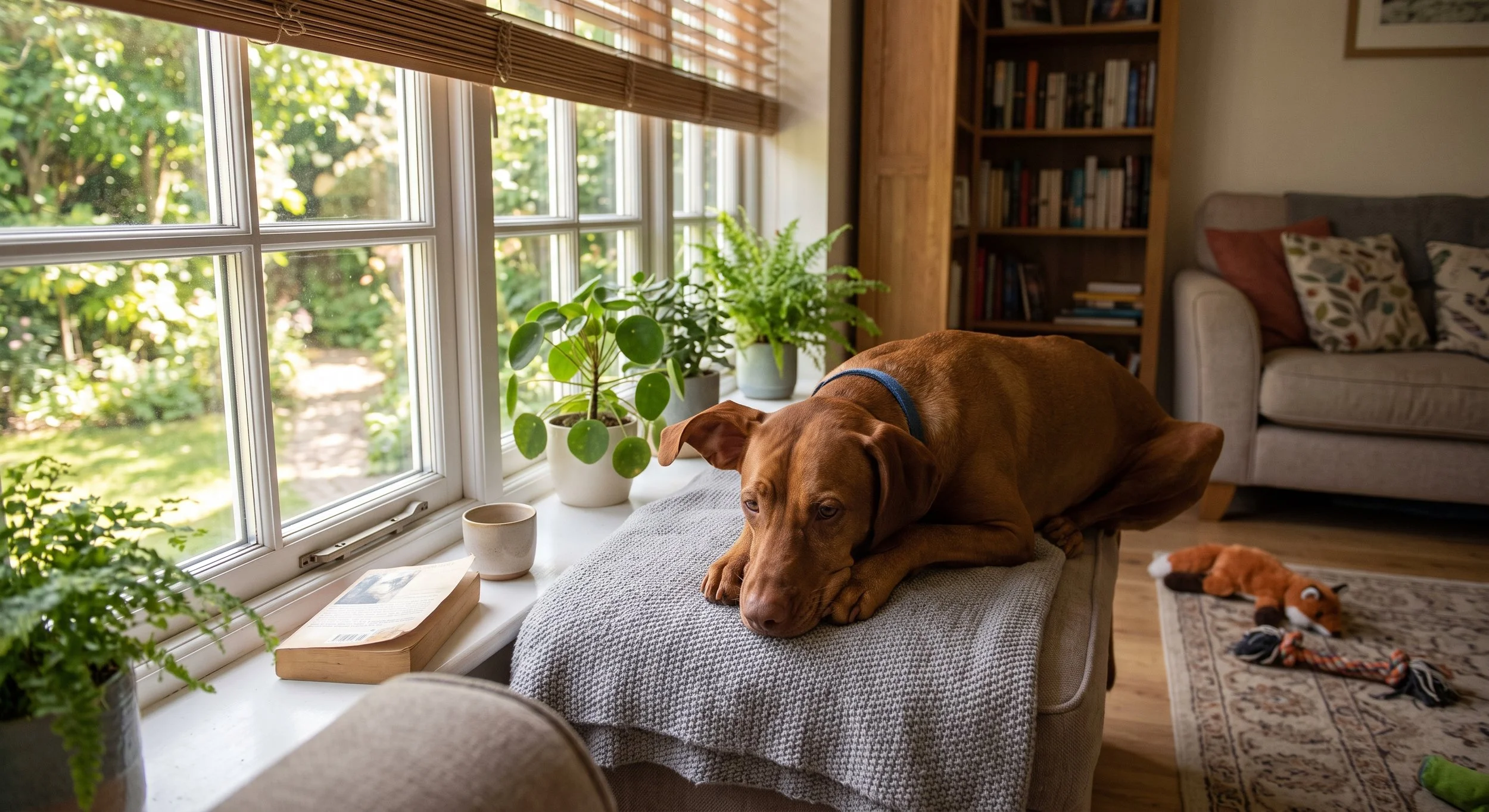 bored dog at home by a window