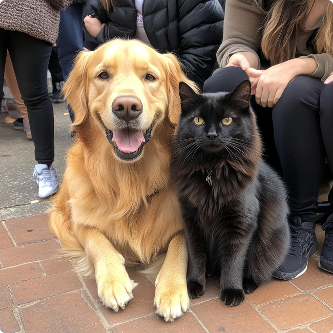 A happy golden retriever and a black cat sitting together on a brick sidewalk surrounded by people.