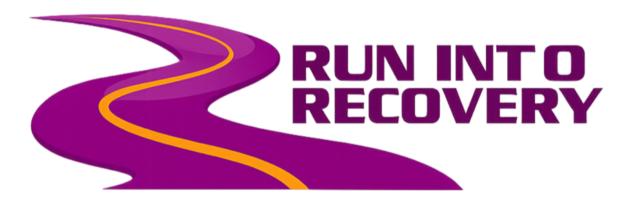 Purple winding road with the text 'Run Into Recovery' beside it in bold purple and pink letters.