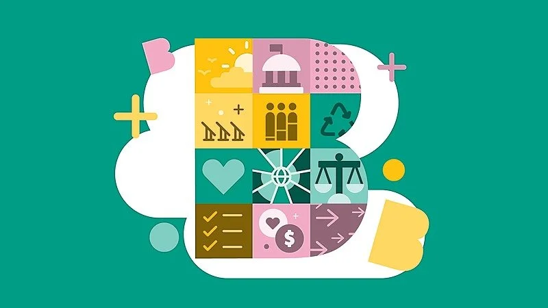 A colorful illustration of the B Corp new standards, with various icons representing different sectors, including a sun and sunset, a courthouse, a scale of justice, a dollar sign, a heart, and a wheel, arranged in a grid pattern.