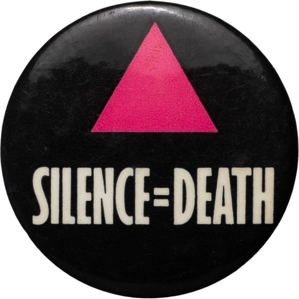 A black circular button with a pink triangle at the top and white text that reads 'SILENCE-DEATH'.