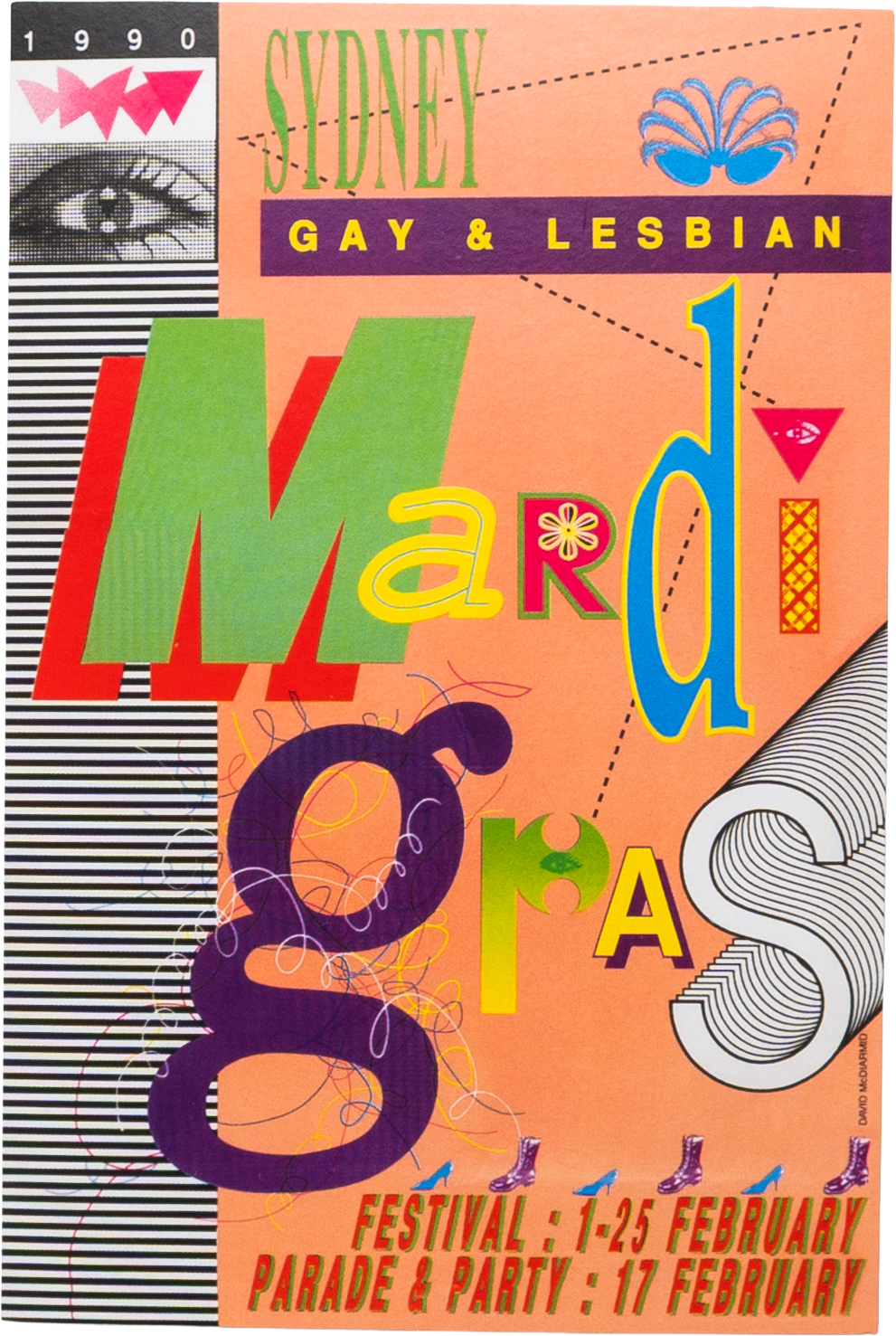 Promotional poster for Sydney Gay & Lesbian Mardi Gras festival 1990, featuring colorful text, graphic elements, and a striped background.