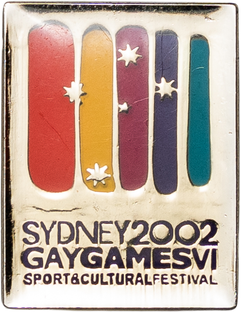 A poster for the Sydney 2002 Gay Games IV, featuring colorful vertical bars and stars, with text indicating it is a sport and cultural festival.