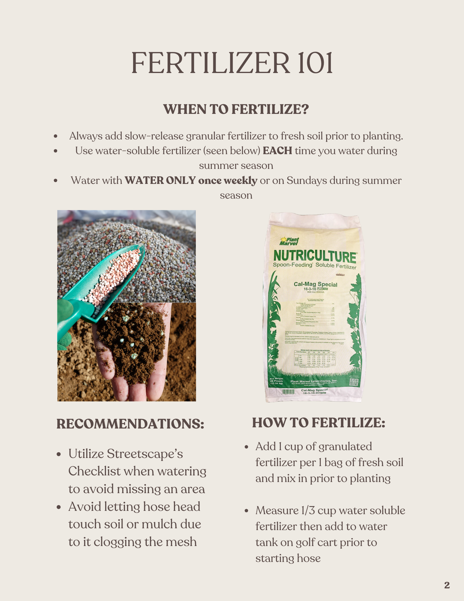 Fertilizer 101 informational guide with instructions on when and how to fertilize plants, including images of granular fertilizer and a bag of soluble fertilizer.