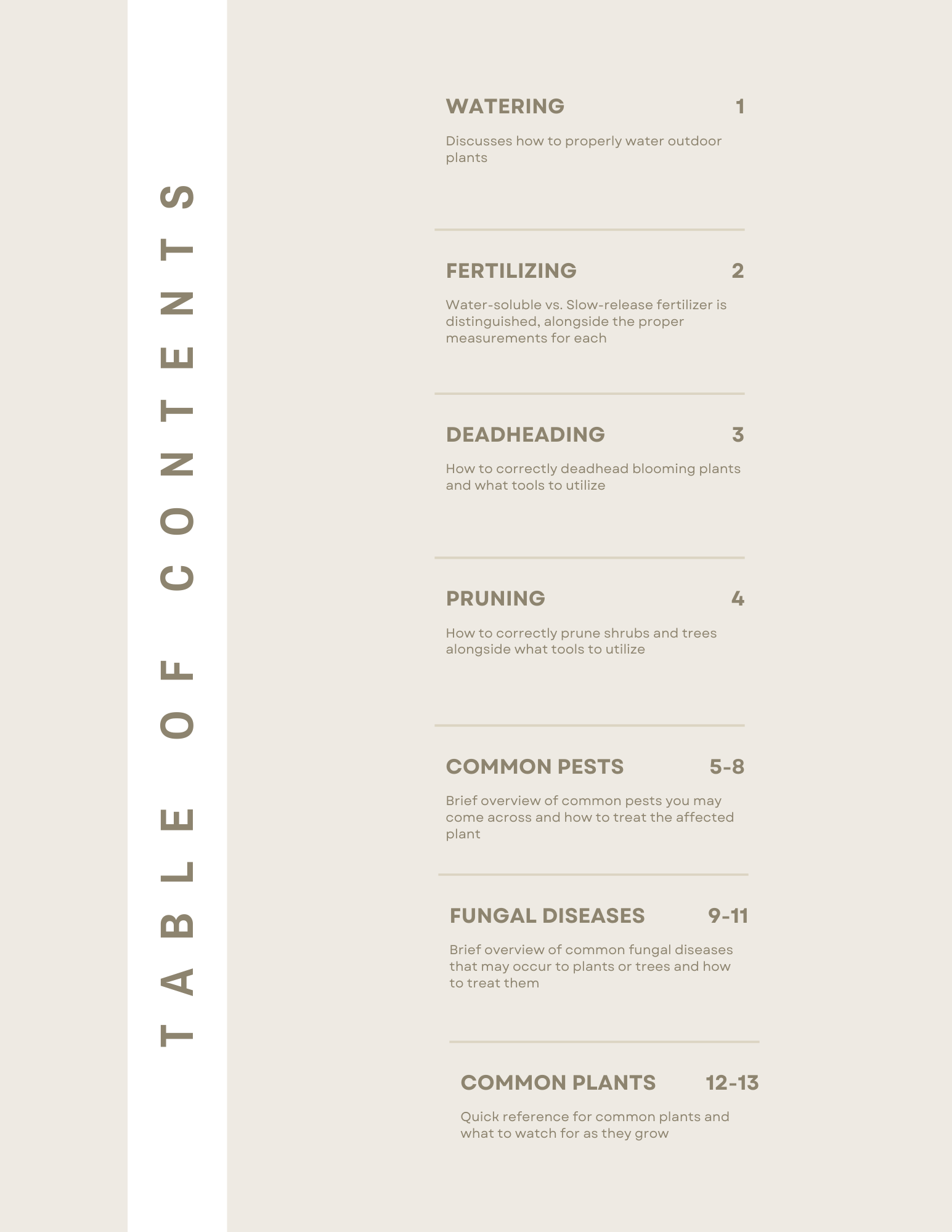 Table of contents for a gardening book, listing topics such as watering, fertilizing, deadheading, pruning, common pests, fungal diseases, and common plants.