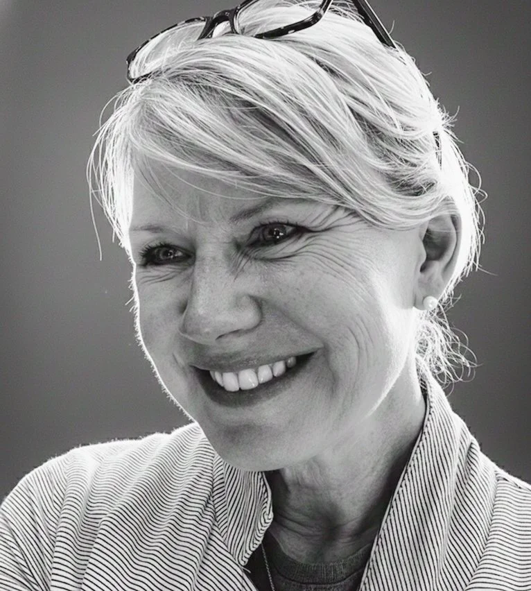 A black and white close-up photo of a smiling woman with short, light-colored hair, wearing glasses on her head, a striped shirt, and pearl earrings.
