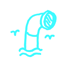 A digital drawing of a sink faucet with water pouring into a body of water, with two birds flying nearby.