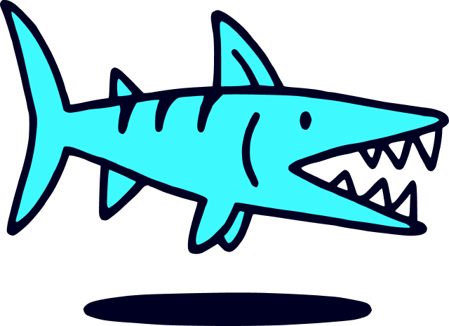 Cartoon illustration of a blue shark with sharp teeth on a black background.