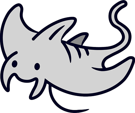 A cartoon-style fish with a smiling face, fins, and a curled tail.