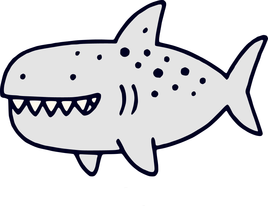 A cartoon drawing of a shark with a wide mouth, sharp teeth, and dorsal fin, on a black background.