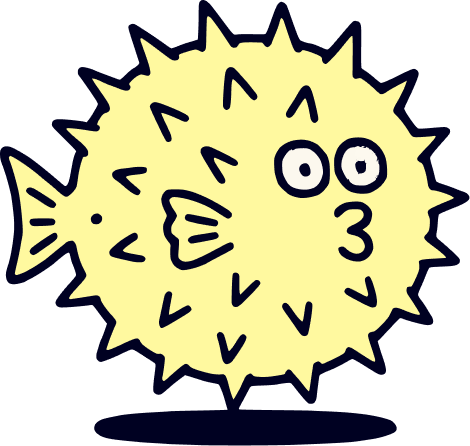Cartoon of a pufferfish with big eyes and spiky body, smiling.