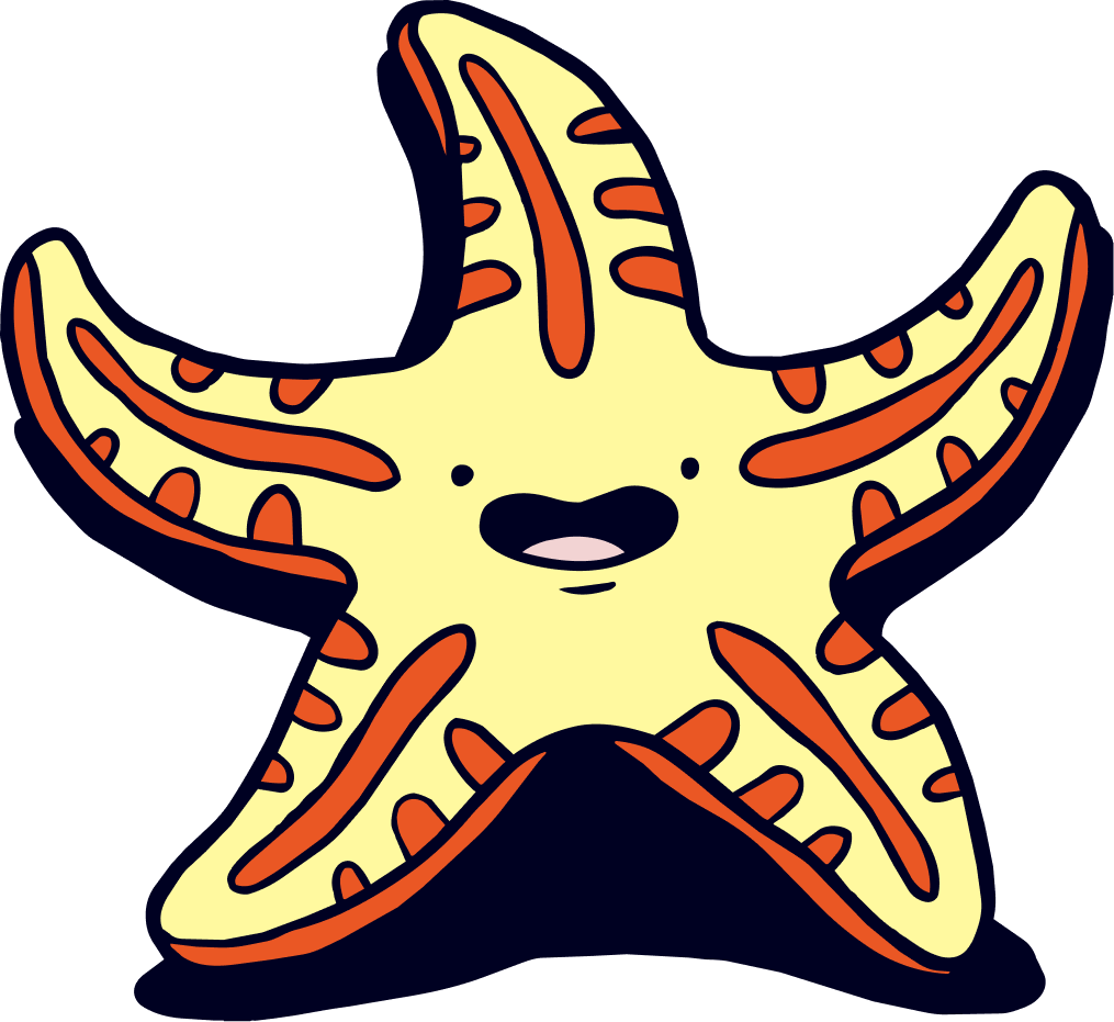 A cartoon starfish with a cute face, yellow color, and orange details on its arms, set against a black background.