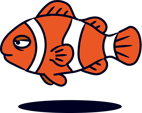 Cartoon clownfish illustration with orange body, white stripes, and a slightly grumpy expression.