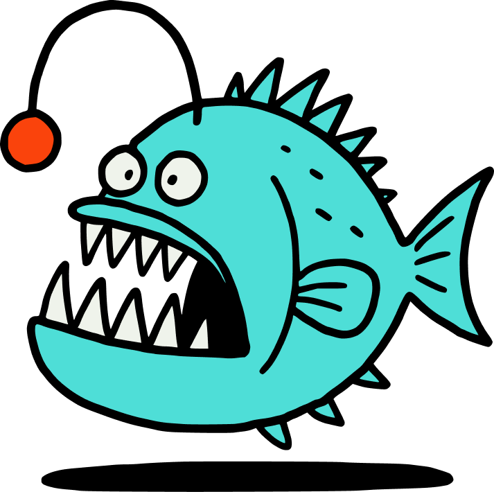 A cartoon blue fish with sharp teeth, big eyes, and spines on its back, looking alarmed or angry, with a small red circle near its head against a black background.