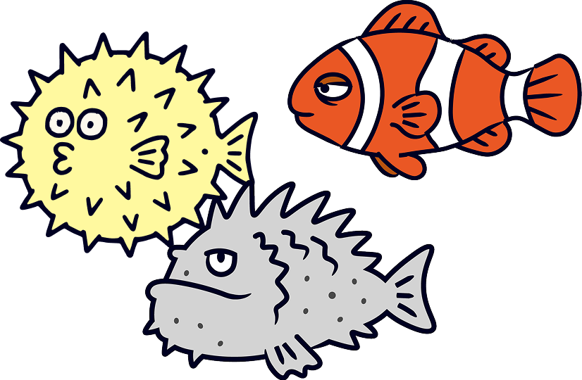 Three cartoon fish: a yellow pufferfish with spiky exterior and big round eyes, a red and white clownfish with a serious expression, and a grey pufferfish with a frowning face.