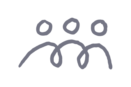 Simple line drawing of three people with speech bubbles above their heads.