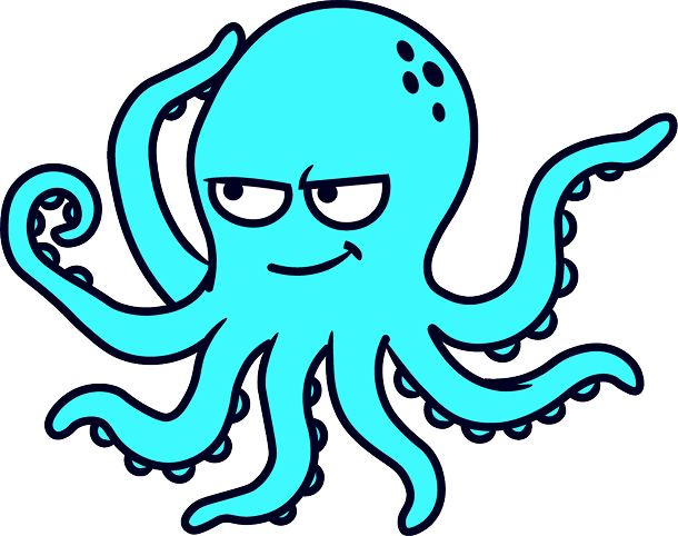 A cartoon blue octopus with a mischievous expression and furrowed eyebrows.