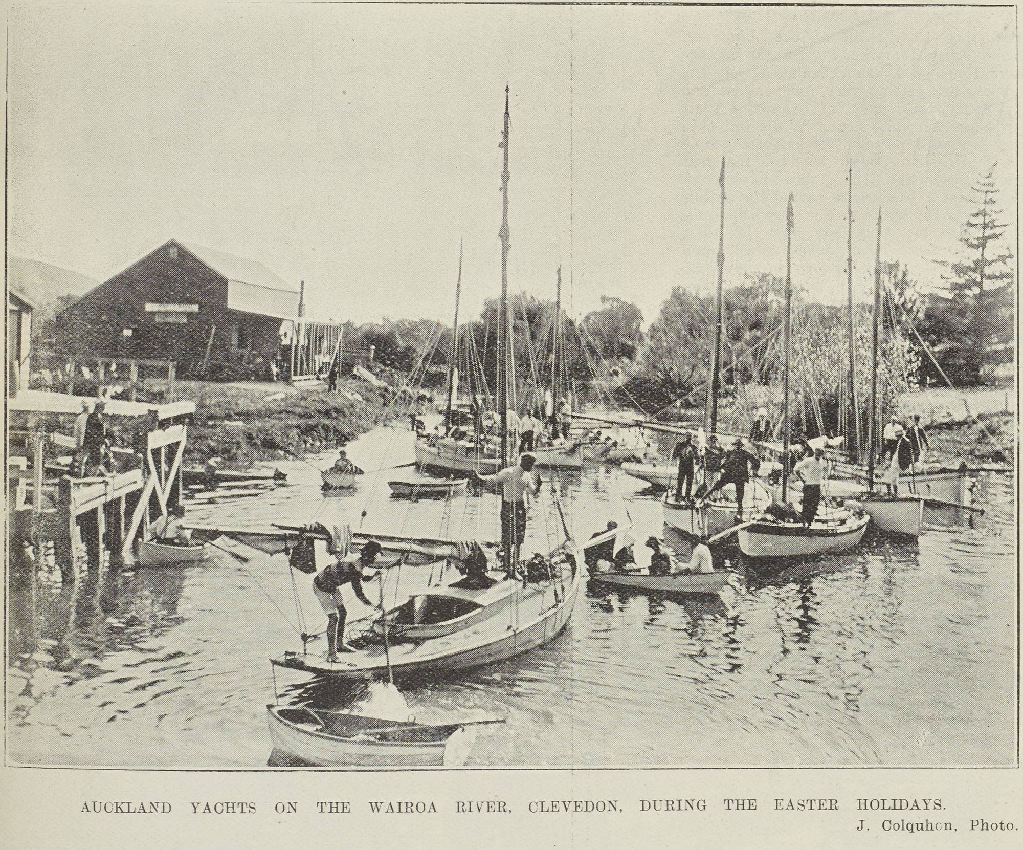 yachts on the Wairoa River, Clevedon, during the Easter holidays, 1904