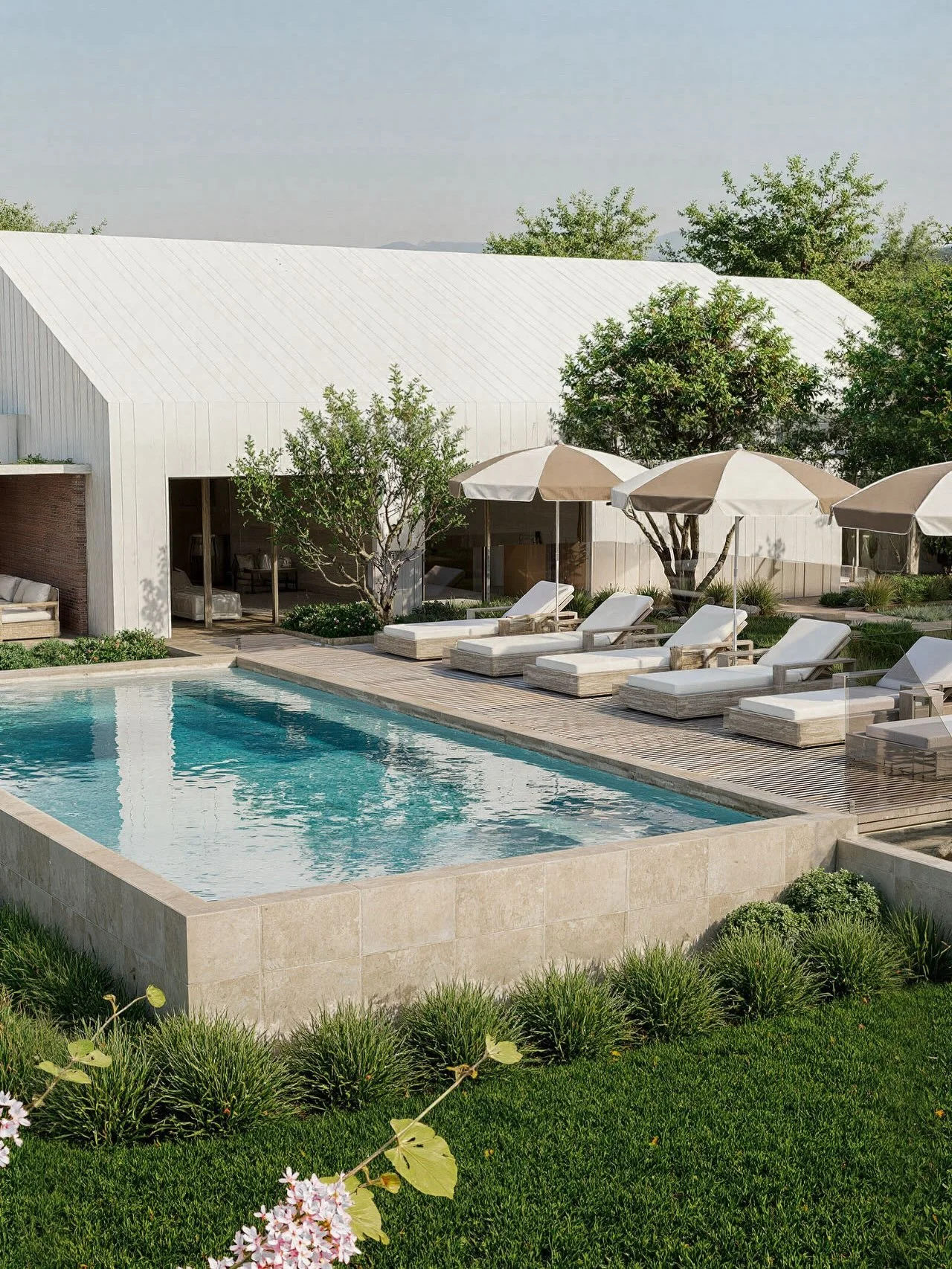 House C delivers a refined response to acreage life.
Two gabled forms with sloped ceilings create strong spatial character, while the pavilion-style gallery entry establishes clear circulation. Five bedrooms, two living areas, pool, outdoor fireplace