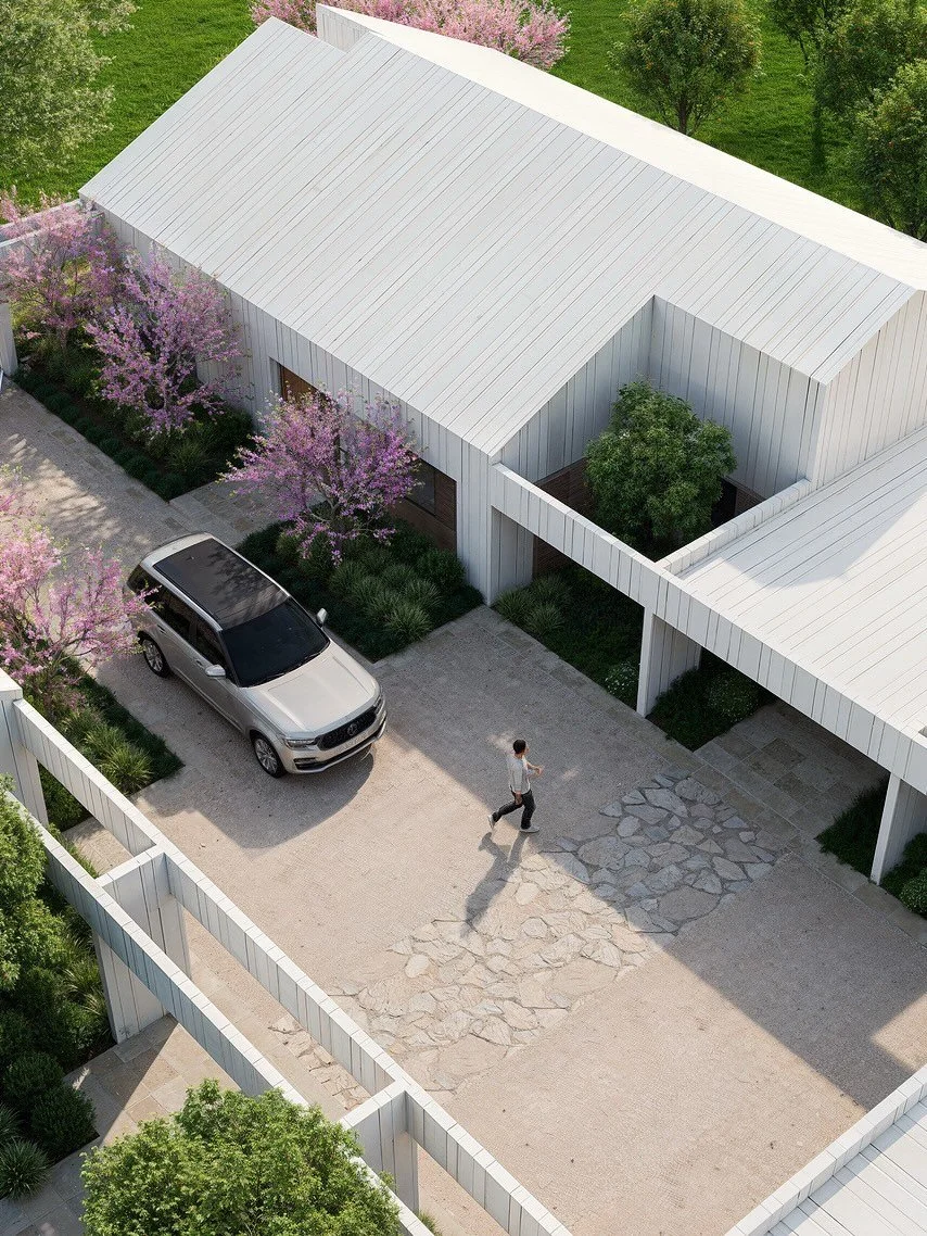 House C embraces acreage living.
⠀⠀⠀⠀⠀⠀⠀⠀⠀
Two gabled structures with sloped ceilings frame generous interior spaces, while a pavilion-style gallery entry welcomes light and connection. Thoughtfully nestled into the landscape with feature trees, gard