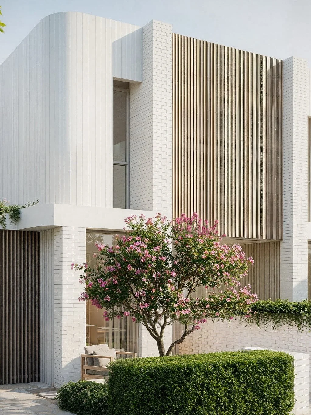 Light, space, and connection define House B.
This dual occupancy offers four bedrooms, three and a half bathrooms, two distinct living areas, and a dramatic double-height void with skylight. Thoughtful outdoor spaces, including a pool and BBQ courtya