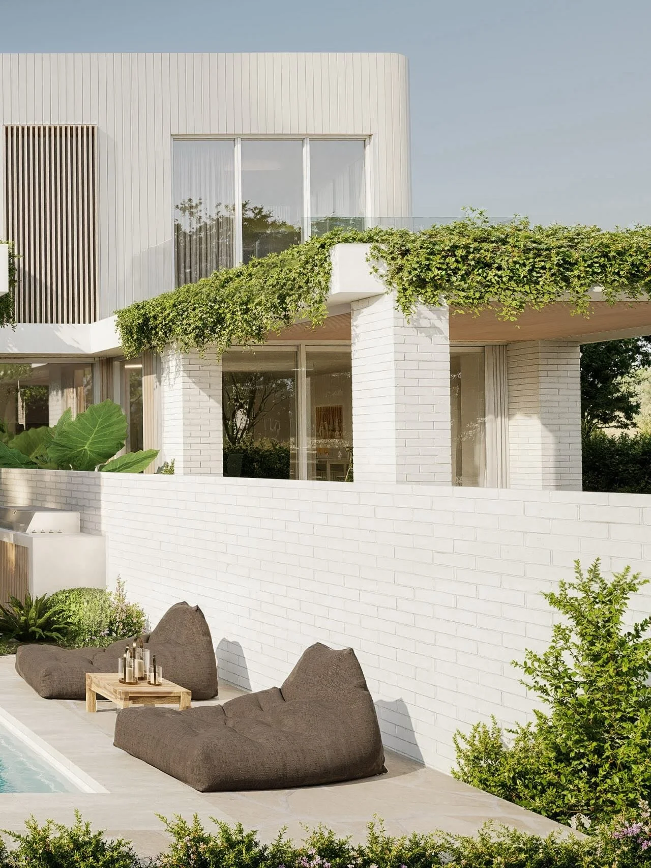 House B 
Exploring balance between private retreat and shared living, between built form and landscape.

A two-storey dual occupancy with four bedrooms, multiple living zones, and a dramatic central void crowned by a skylight. Generous outdoor entert