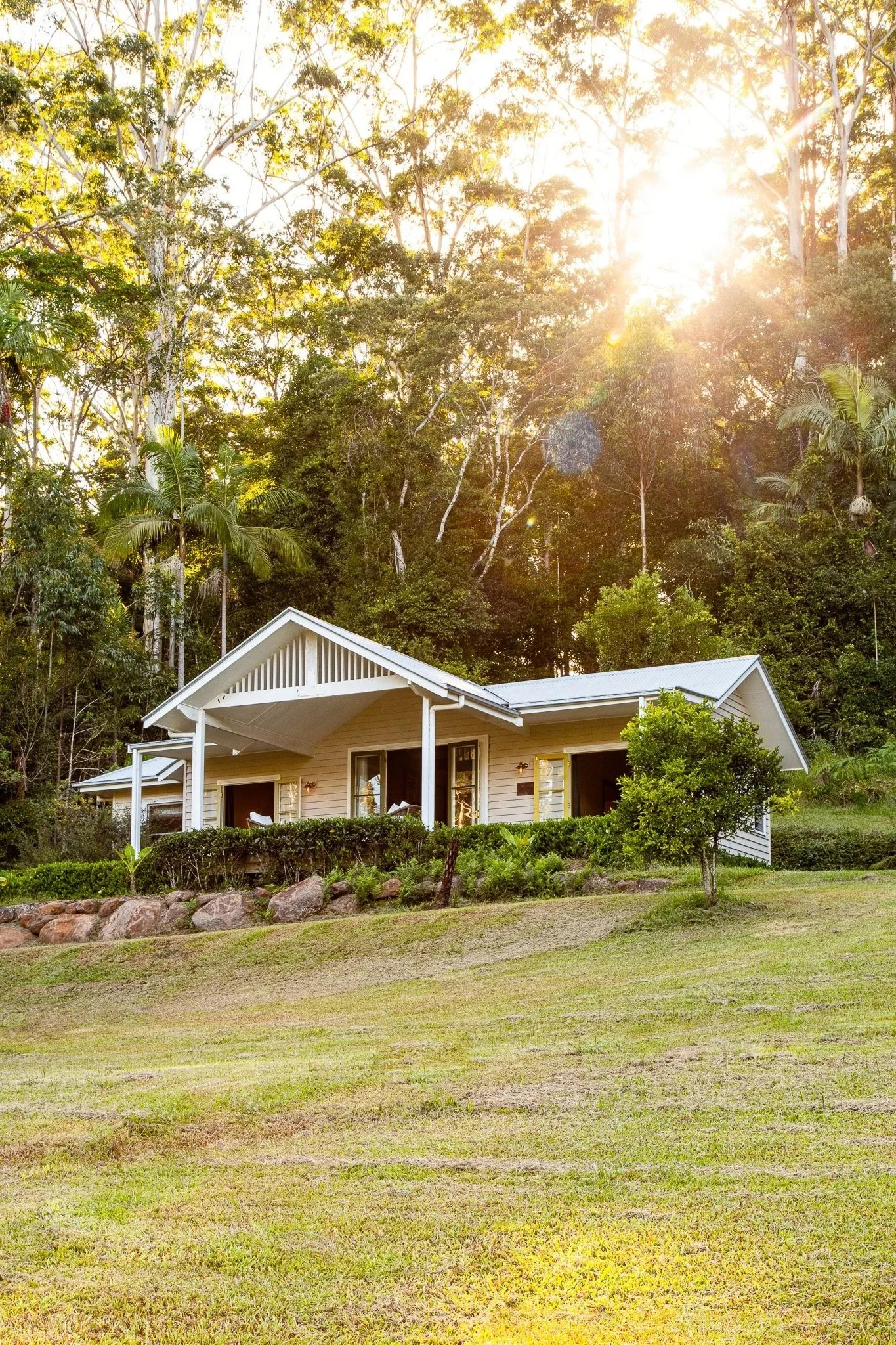 A house with a white exterior and a porch, situated on a grassy hill with trees in the background, sunlight shining through the trees.