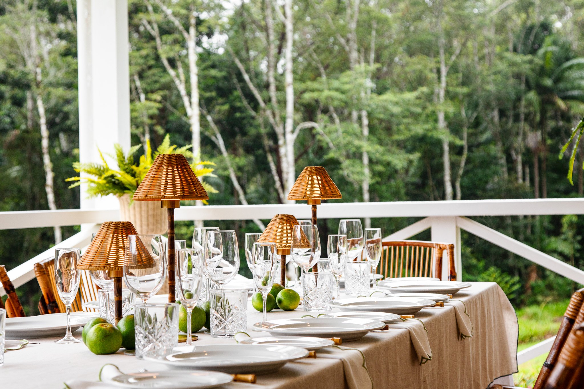 A beautifully set outdoor dining table with white plates, crystal glassware, and small lamps with woven shades, surrounded by green apples and foliage, on a porch with trees in the background.