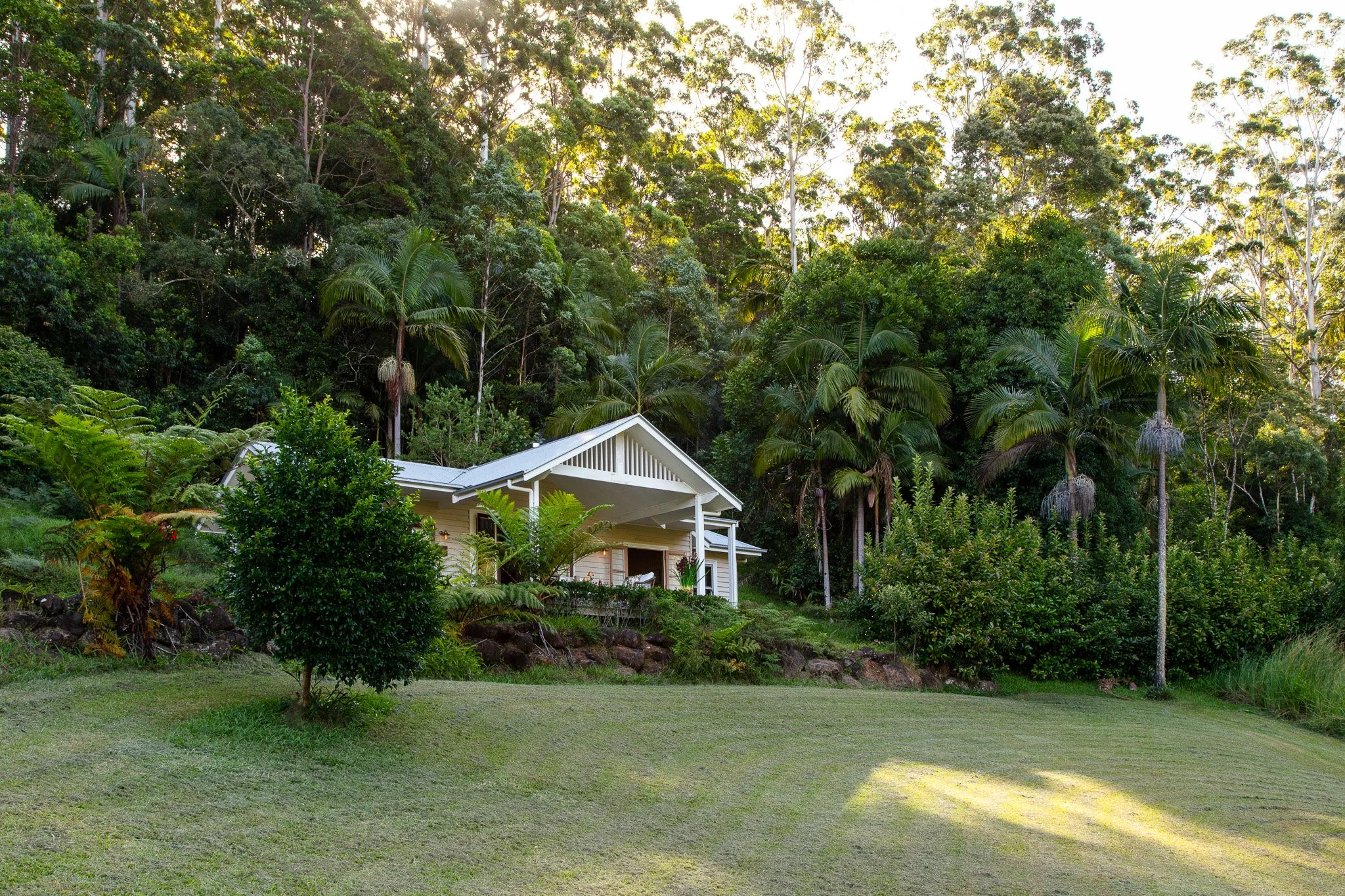 A white house with a front porch situated on a grassy lawn, surrounded by lush green trees and tropical vegetation in the background.
