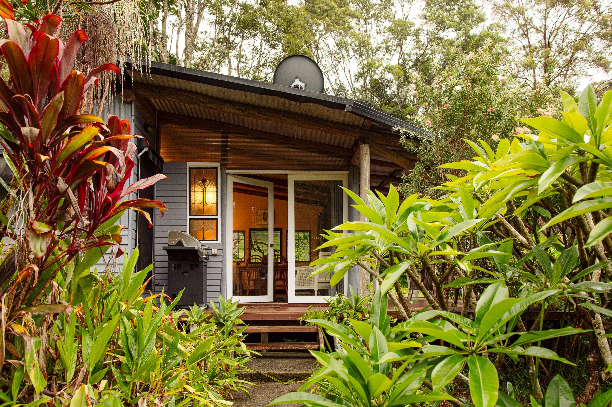 A cozy cabin with sliding glass doors, surrounded by lush green plants and trees, with a small wooden porch and barbecue grill outside.