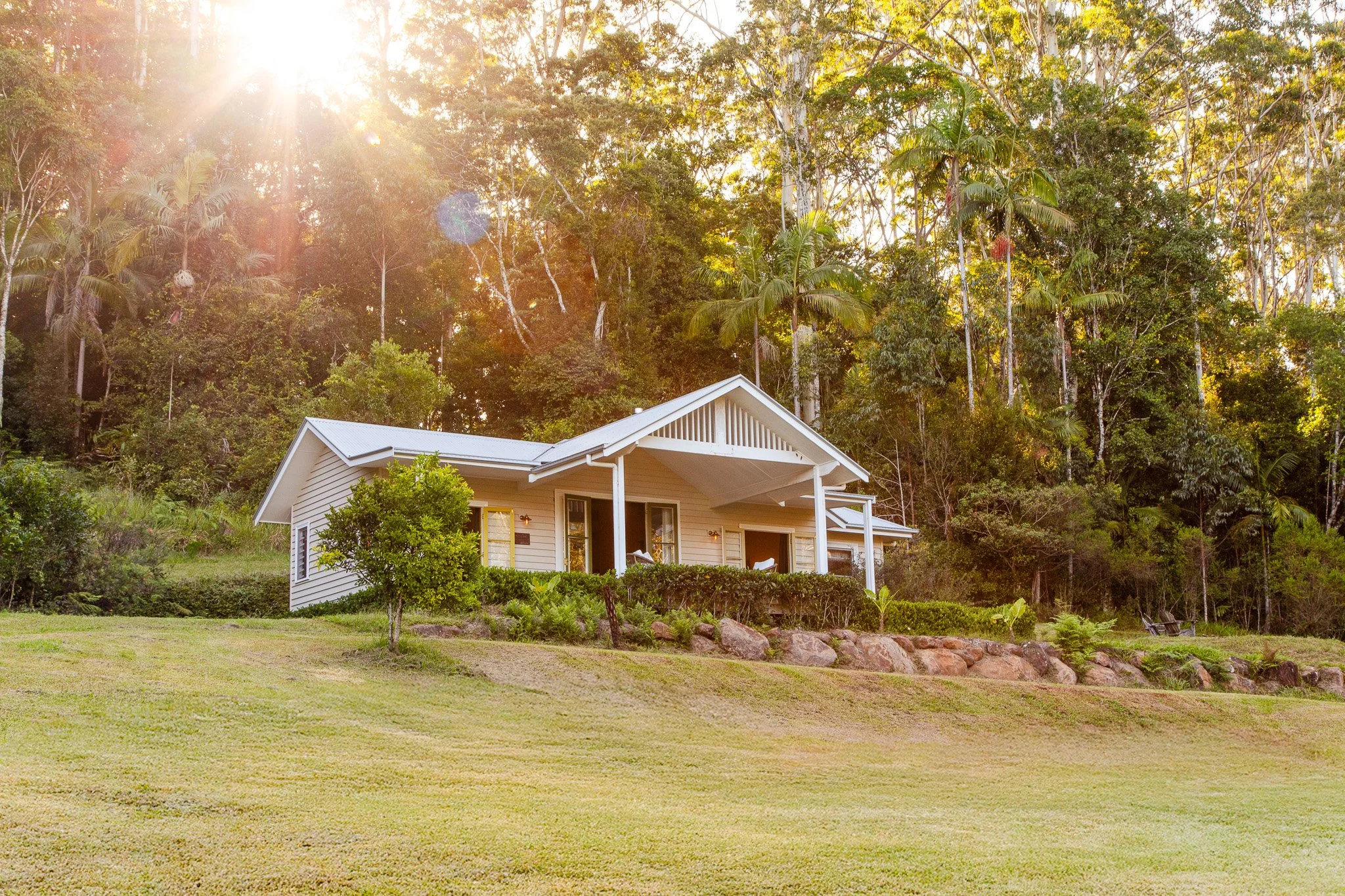A white house with a front porch is situated on a grassy hill, surrounded by trees and lush greenery, with sunlight shining from the upper left corner.