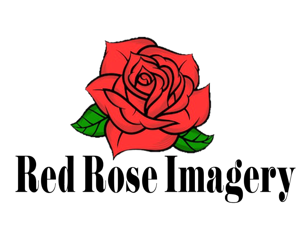A red rose with green leaves above the text 'Red Rose Imagery' in black font.