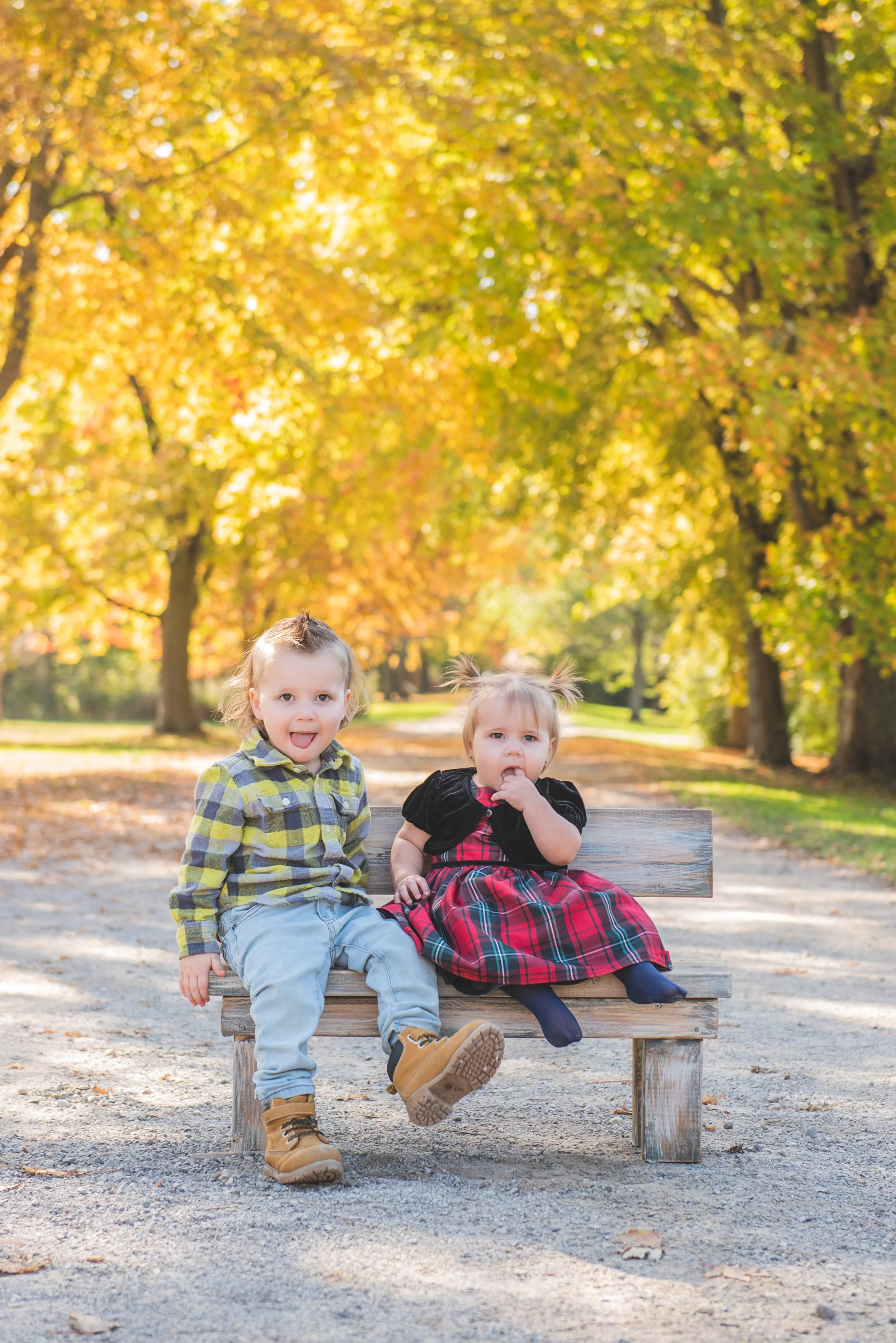 Two young girls sitting on a wooden park bench surrounded by fall foliage, with one girl wearing a plaid dress and the other in a plaid shirt and jeans.