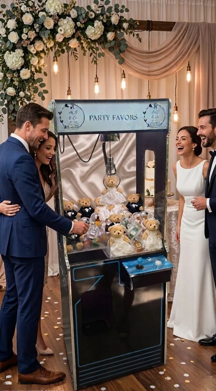 A couple celebrating their wedding with a party favors machine