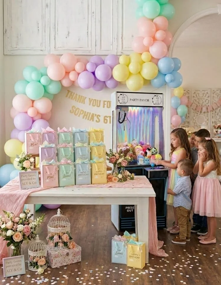 Colorful pastel birthday decorations with a table of boxes, balloons, and a birthday banner celebrating Sophia's 6th birthday with children in the background.