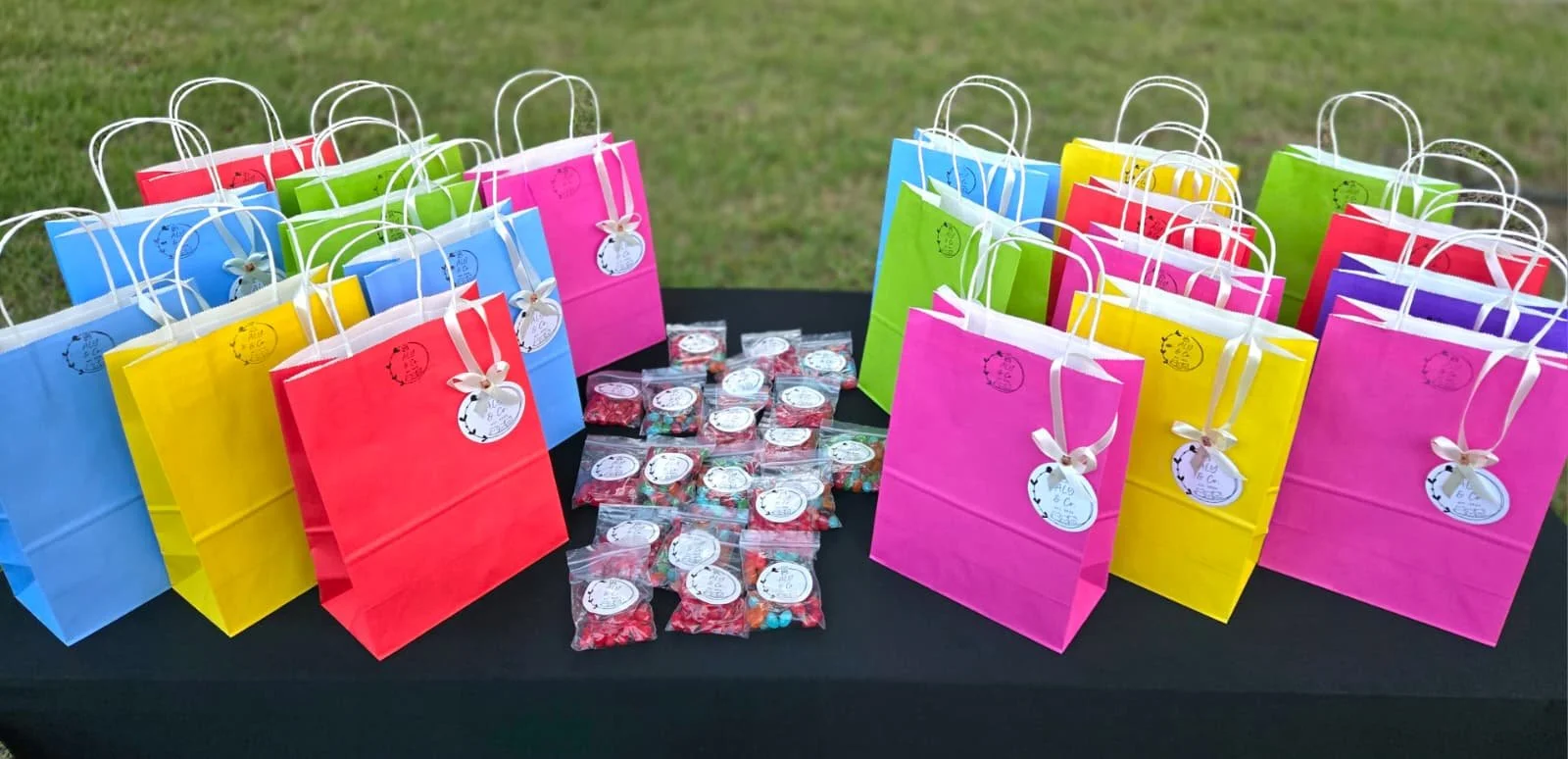 Colorful gift bags with small bagged treats arranged on a table outdoors.