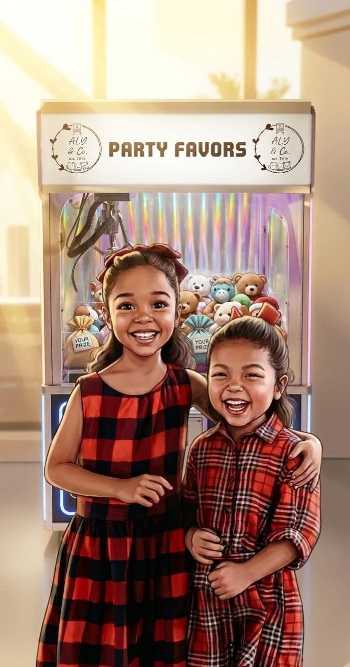 Two young girls with brown hair smiling and hugging each other in front of a claw machine filled with plush toys, with a sign above that reads "Party Favors".