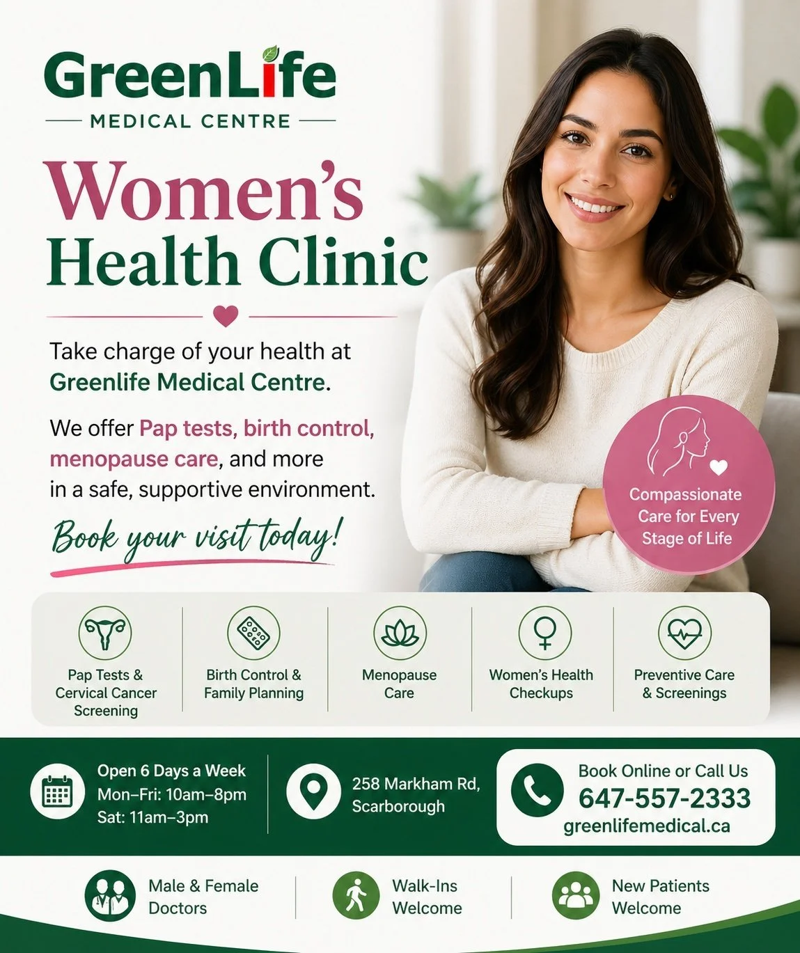 Women's Health Clinic pap tests, birth control, menopause care, checkups, screens, and women's health