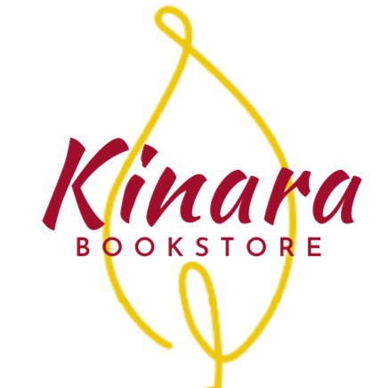 Logo for Kinara Bookstore with a yellow candle flame shape and maroon text.