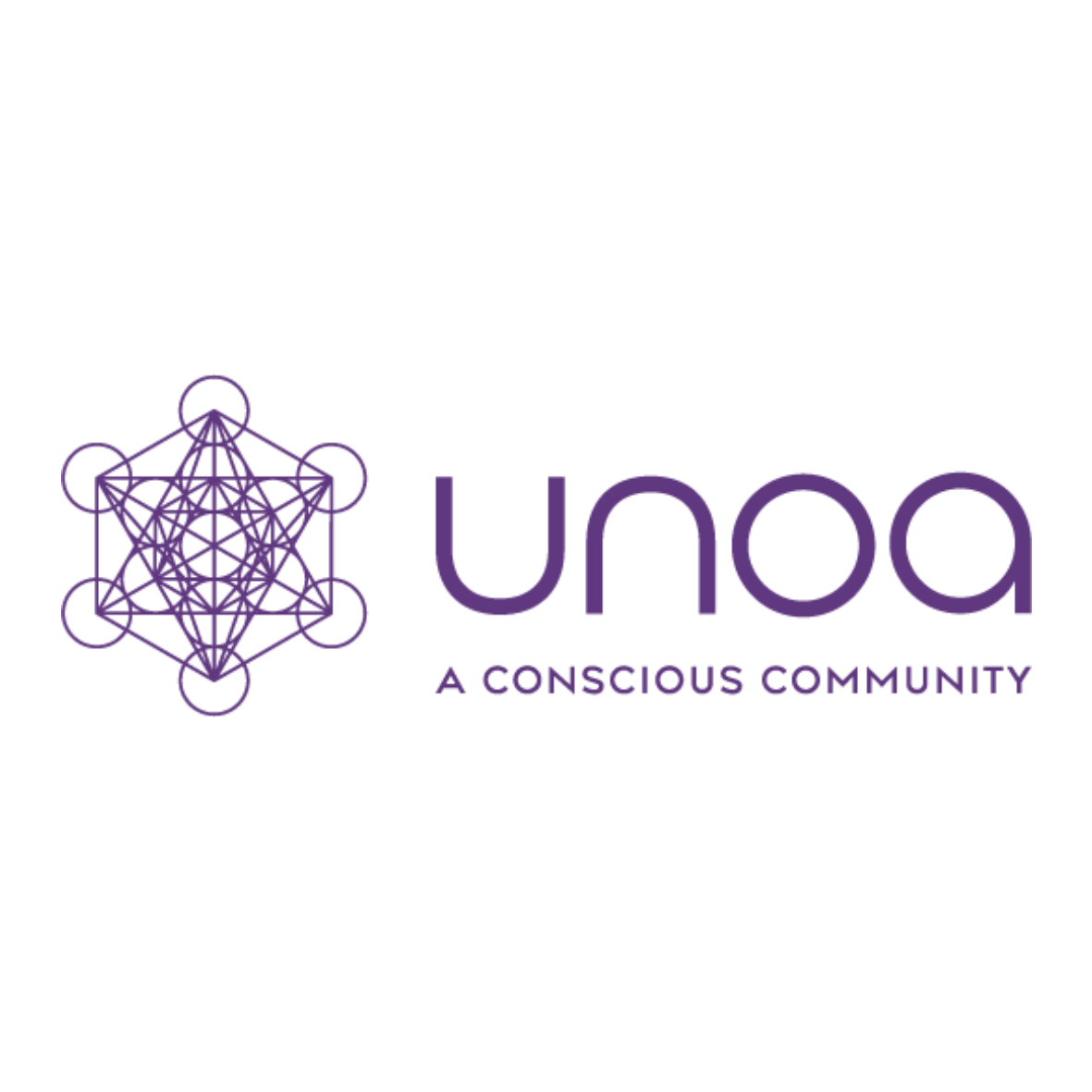 Logo of UNOA with a geometric purple design and the words "UNOA: A Conscious Community".