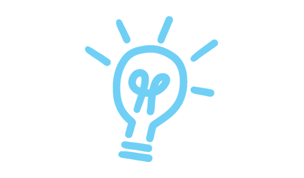 Light blue outline of a light bulb with a heart-shaped filament, surrounded by lines indicating brightness or ideas.