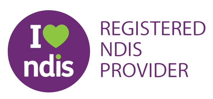 Logo with purple circle and green heart, saying "I love nDis." To the right, text reads "Registered NDIS Provider" in purple.