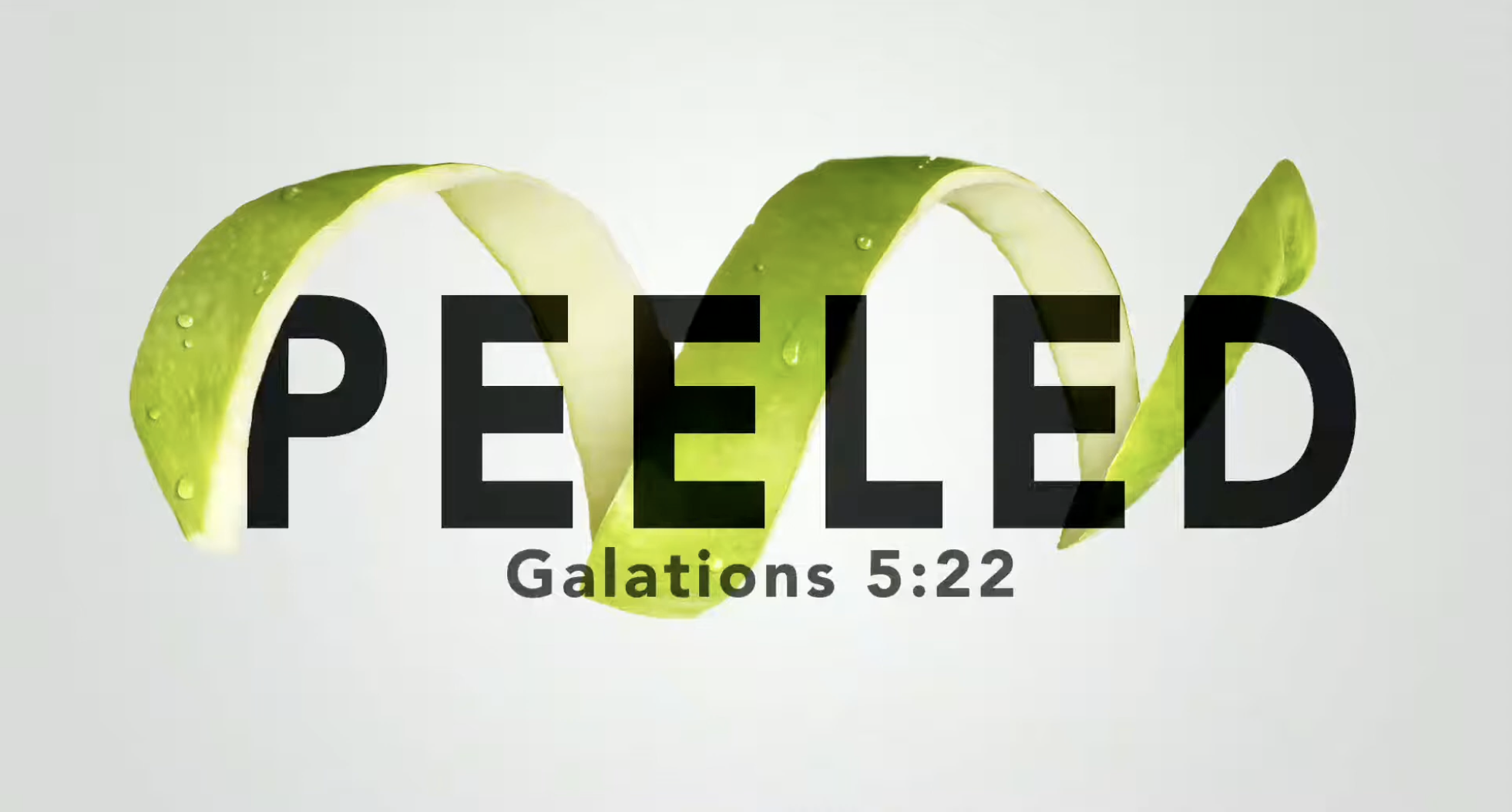 Sermon series "Peeled" graphic with the bible verse as the tag line. A curled apple peel partially obscures the title to create a 3D effect. Water droplets were added using Photoshop to make it feel fresh.