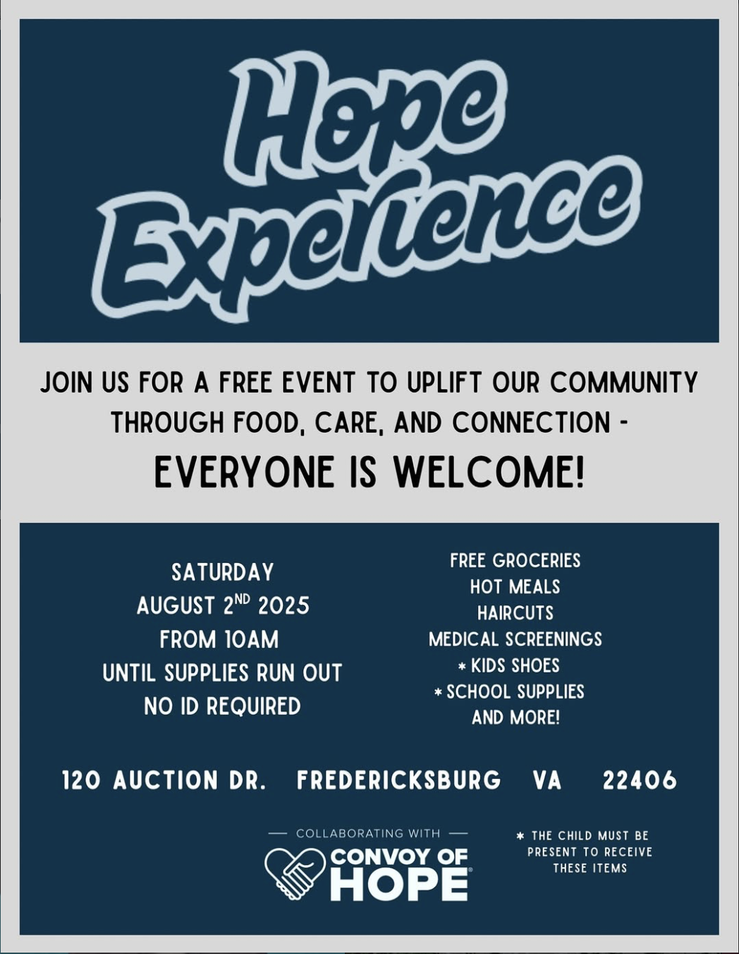 Flyer designed to advertise the Hope Experience event. Bold, simple, and clean to be easily readable for under-served communities.