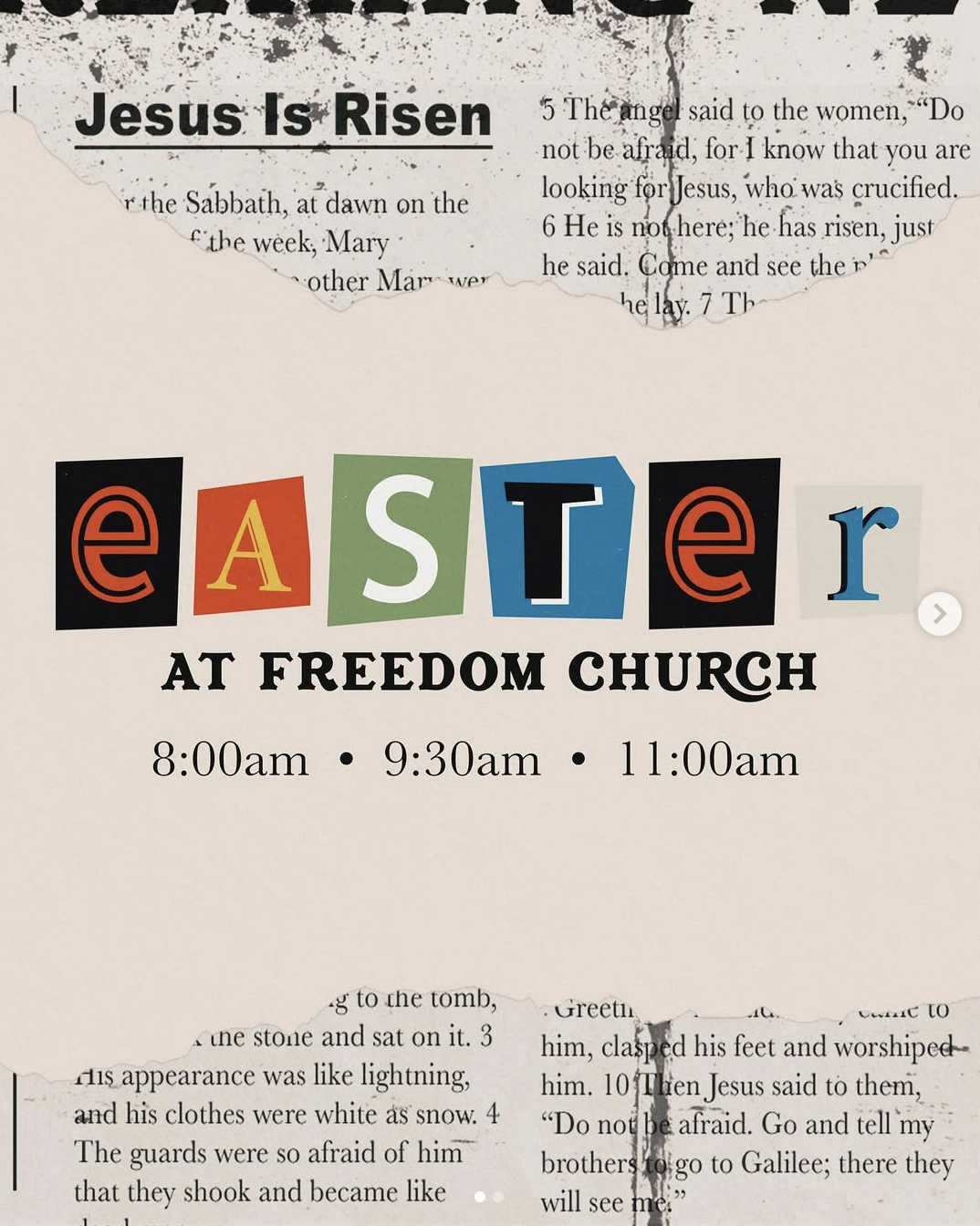 Graphic designed for Easter service at Freedom Church. Used the theme "good news" to drive the design and made the title "Easter" bold but still within the realm of print media for cohesion.