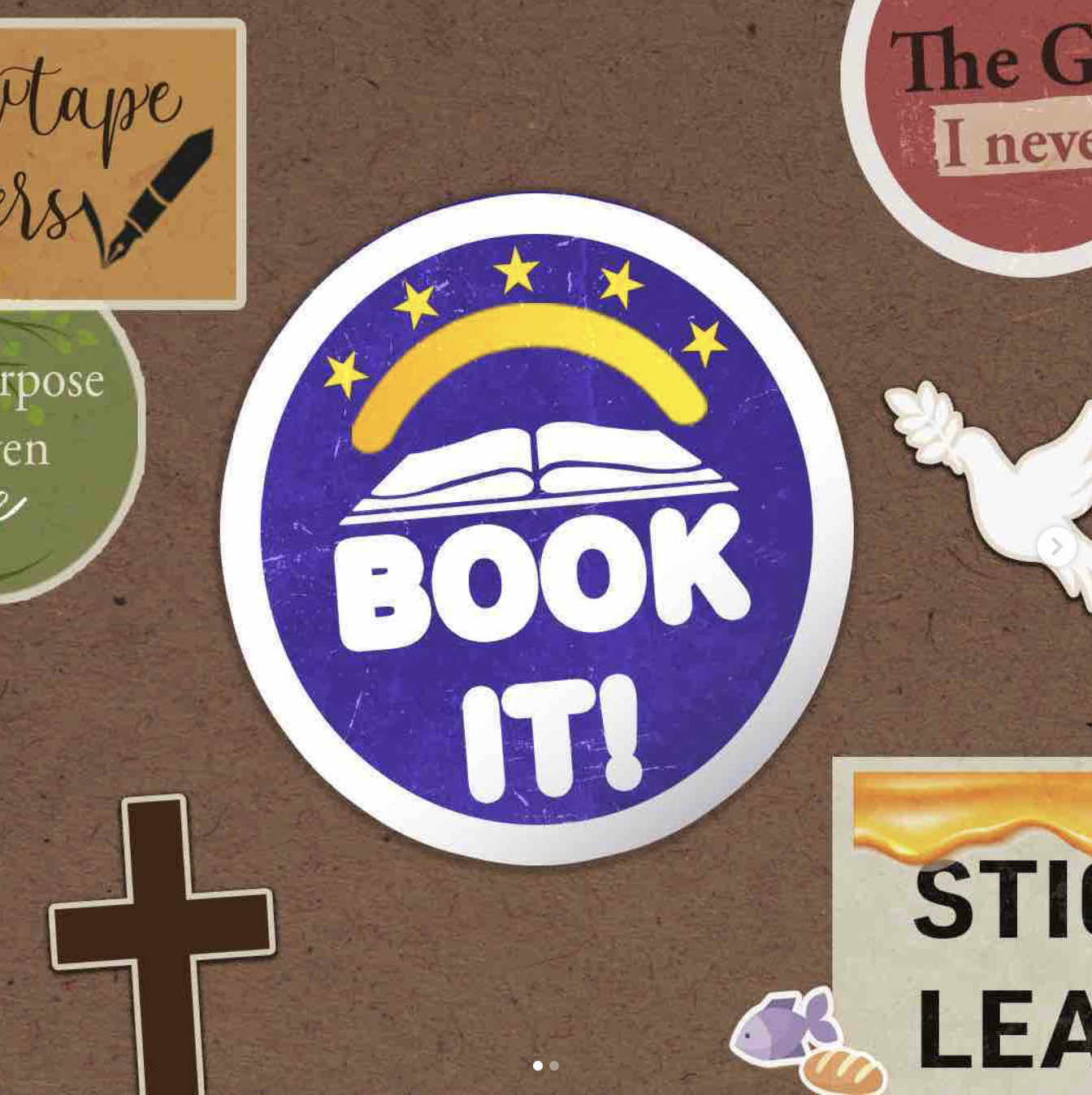 Graphic designed for a series called "Book It". Main graphic designed to be reminiscent of the Pizza Hut challenge by the same name. Overall made to look like a sticker on the cover of a book, surrounded by other stickers that hint at books that woul