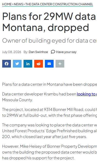 Screenshot of a news article titled 'Plans for 29MW data Montana, dropped' with a byline, date, and social media icons.