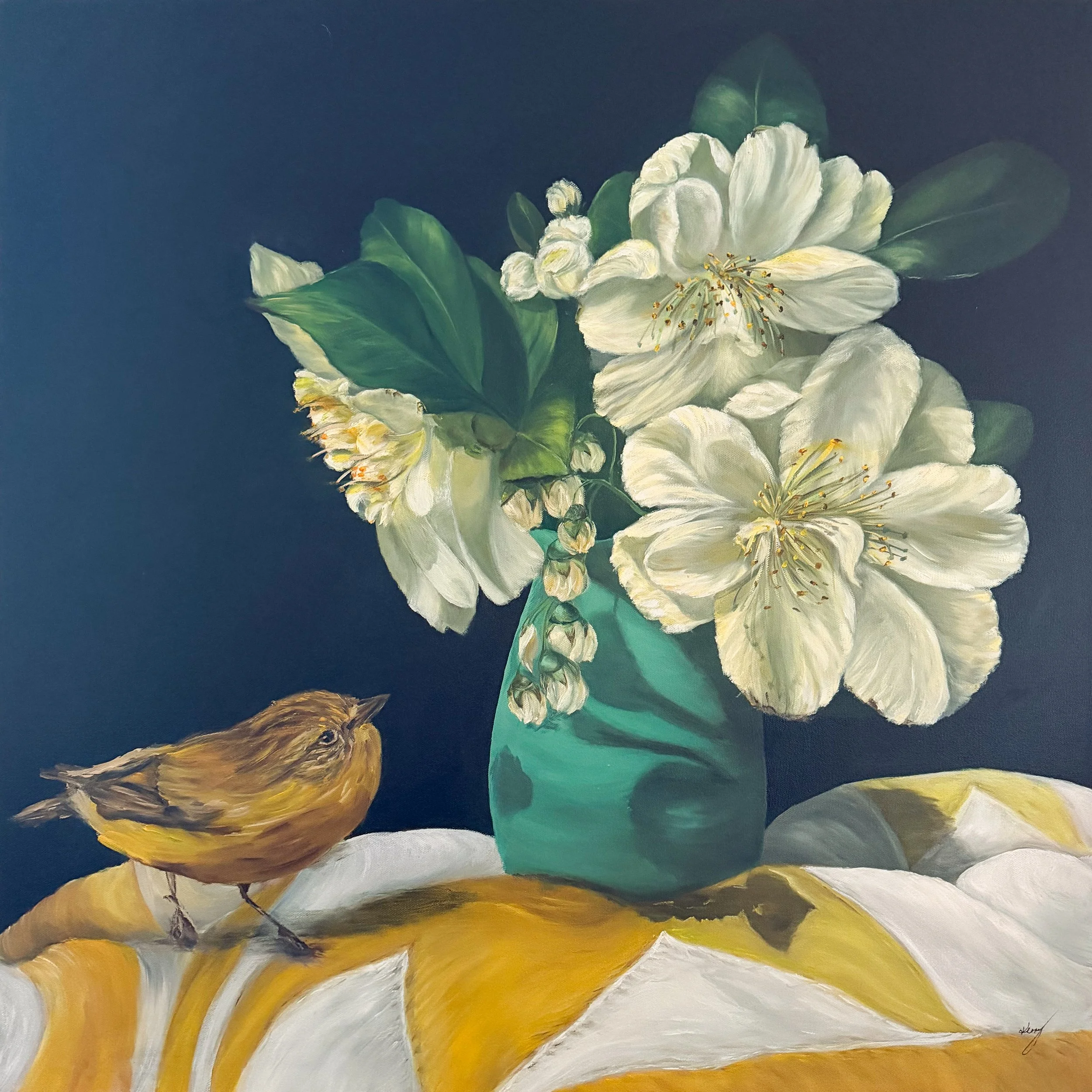 teal pottery jug with yellow star quilt